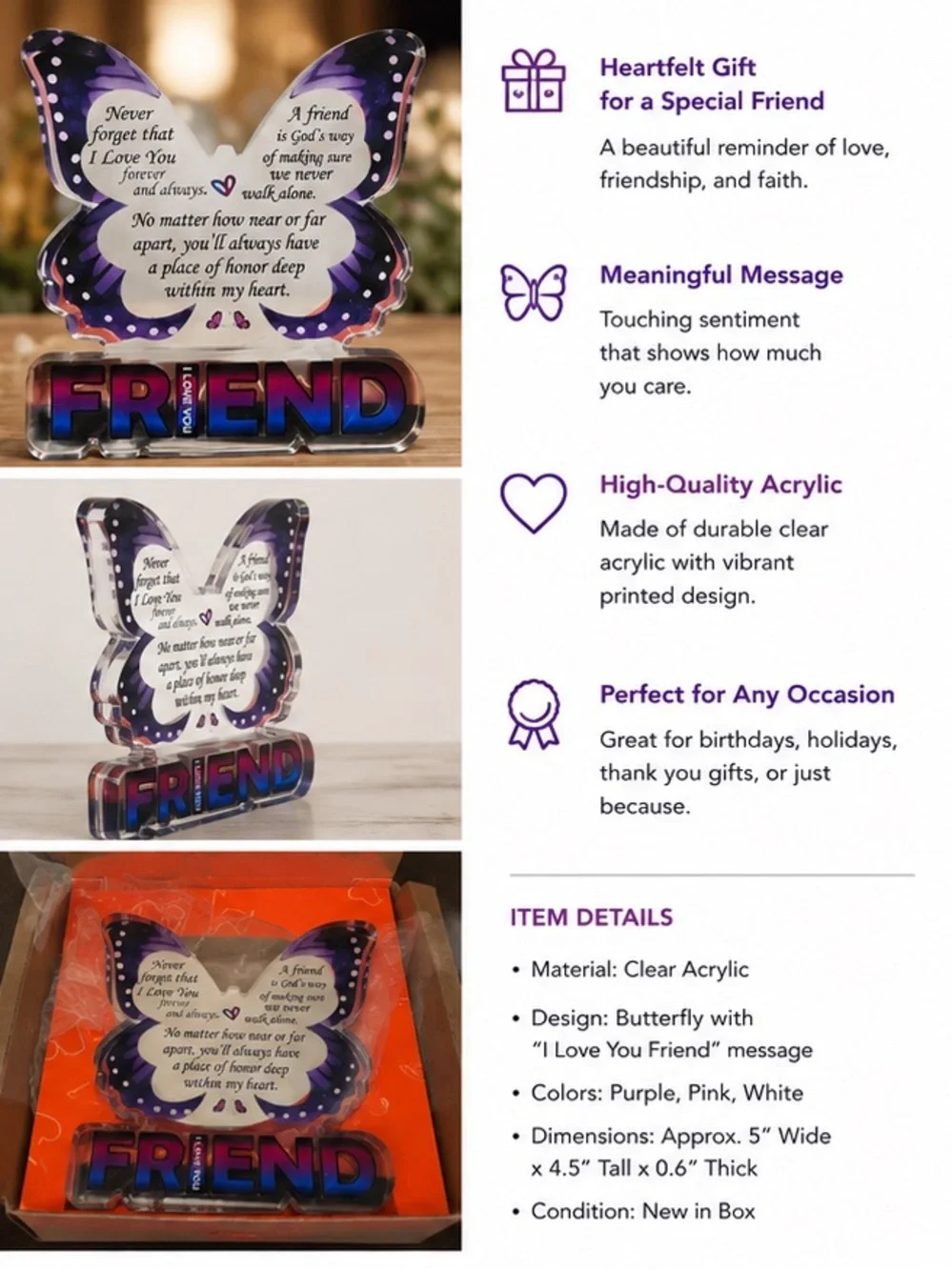 Butterfly 'Friend' Acrylic Keepsake - Purple Gradient